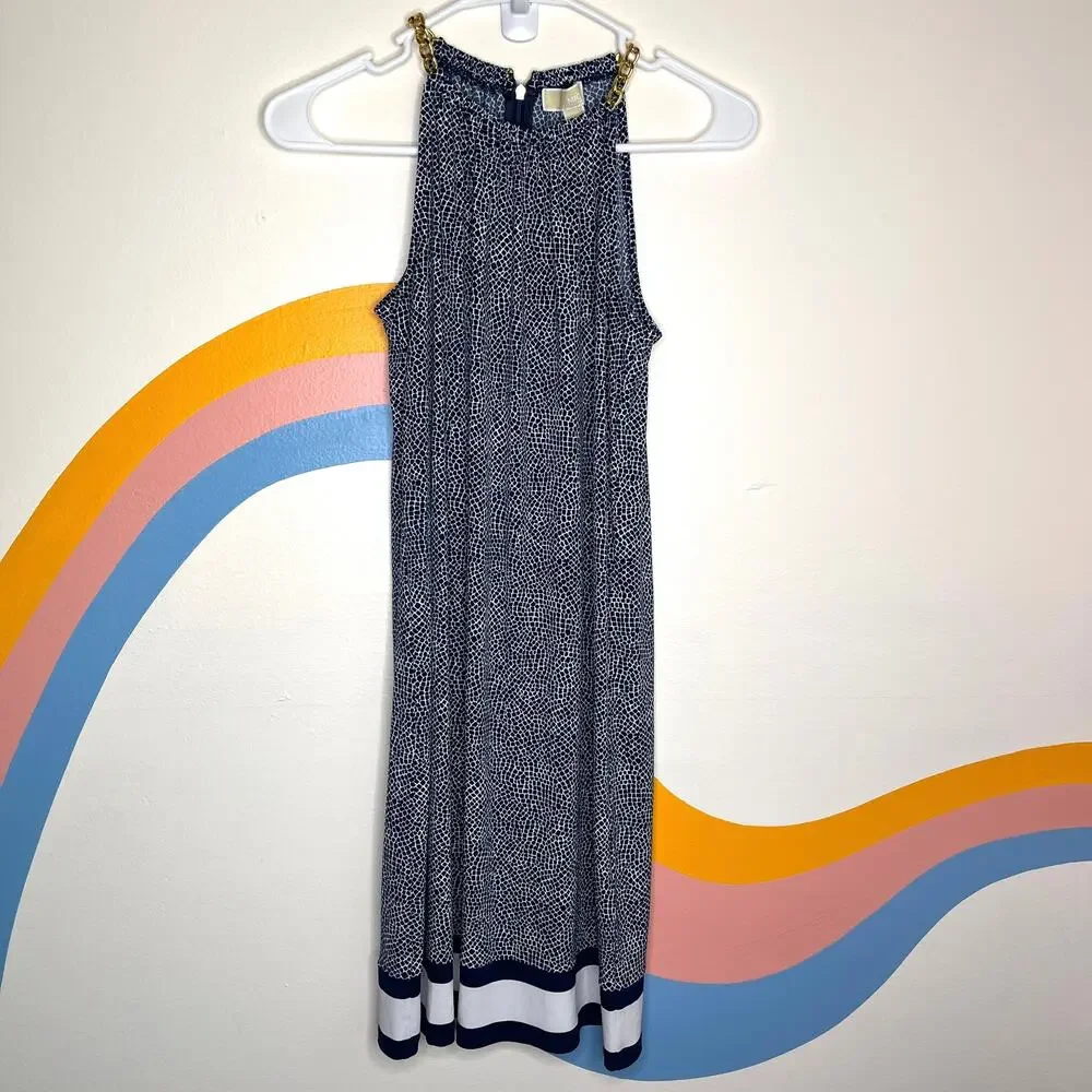 Michael Kors Midi Dress‎ Blue White Sleeveless Gold Chain Shift Womens XS